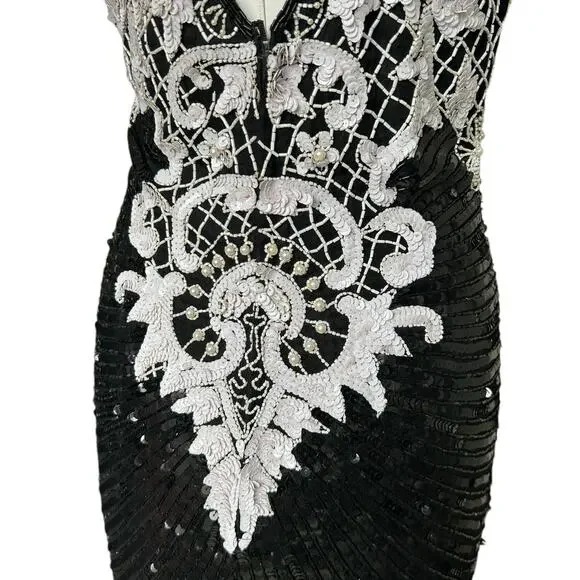 Vintage 80s Beaded Sequined Party Cocktail Mini Dress Carina Black White M Glam